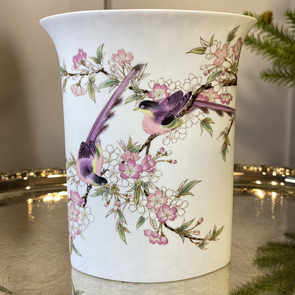 Other - Vtg Unique Shaped Japan Vase Birds Perched On a Cherry Tree Branch Hand Painted